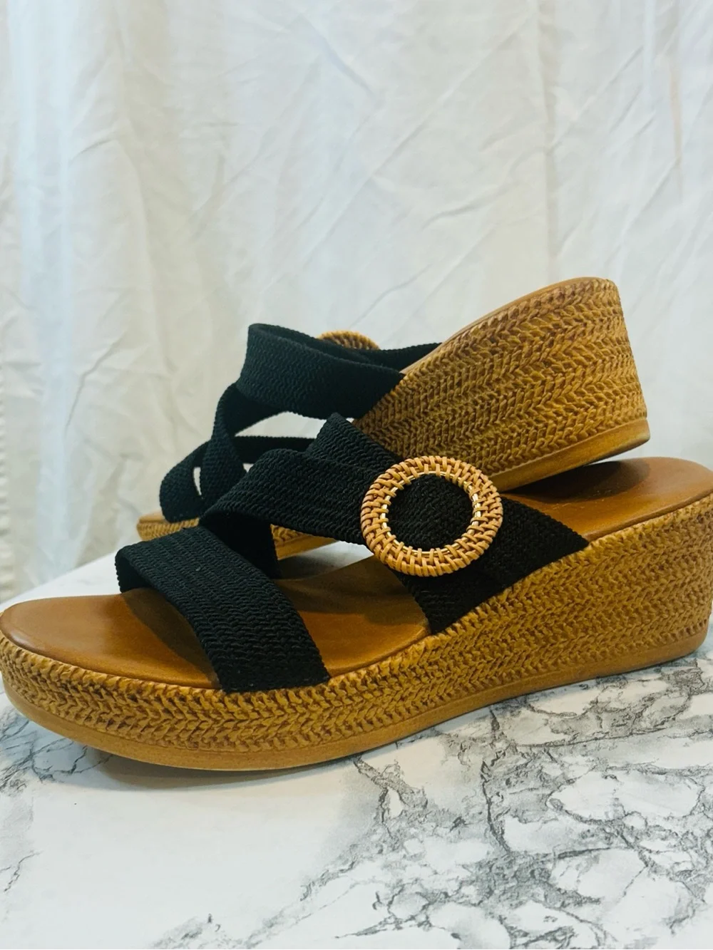 Italian Shoemakers Black and Tan Wedge Sandals with Rattan Accent